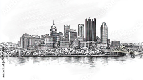 Pittsburgh, Pennsylvania, black and white pen pencil hand-drawn effect drawing illustration for travel poster, card, wallpaper, backdrop or banner. Modern, clear, artistic and simple