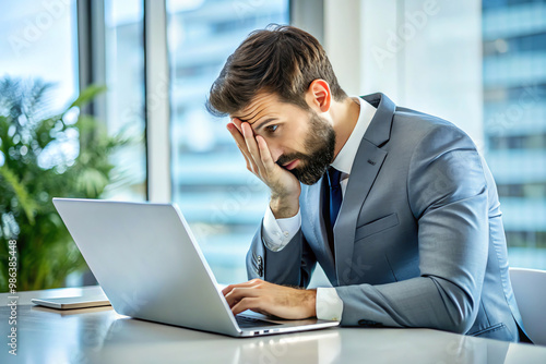 Businessman makes stupid mistake online, forgets password, fails to fix computer malfunction, angry ashamed guy slaps face sitting at office desk with laptop