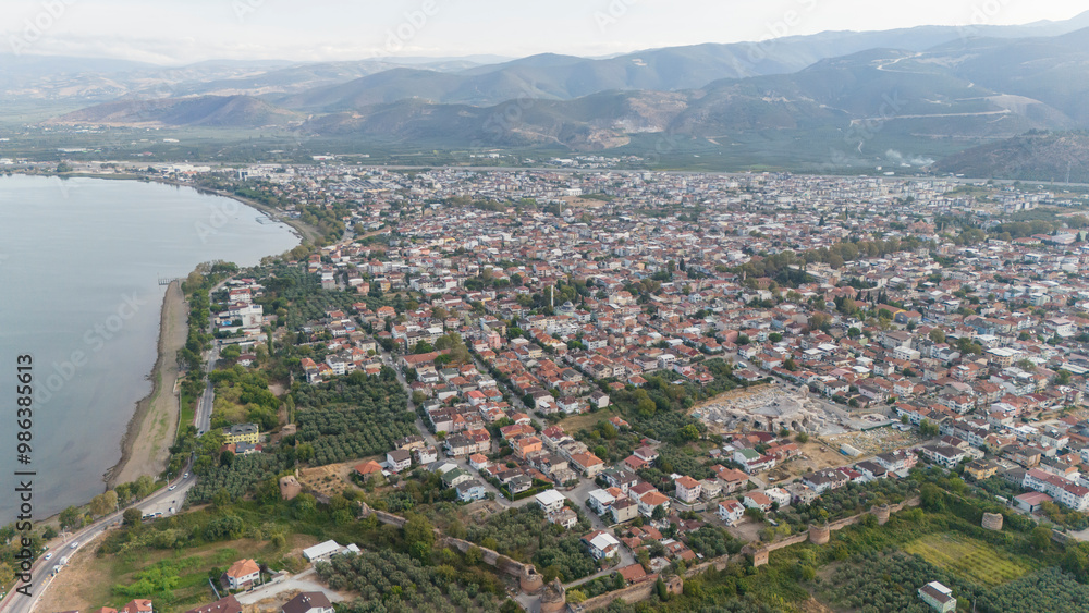 Fototapeta premium Aerial view of the historical city of Iznik by the Iznik Lake, Turkey.
