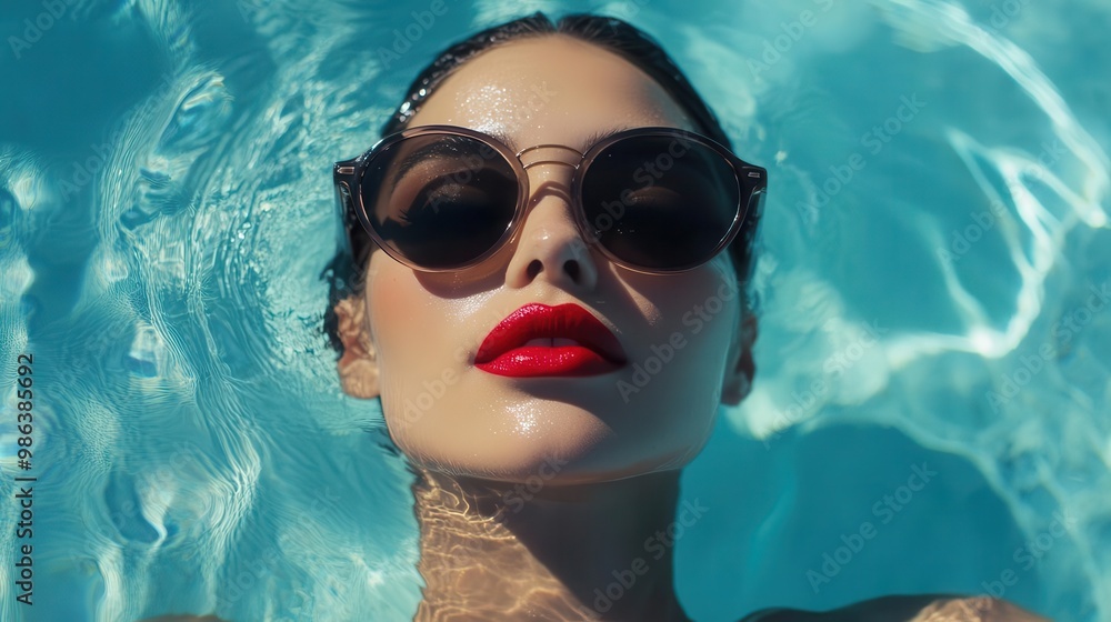 Naklejka premium chic woman in designer sunglasses lounges in a crystalclear infinity pool vibrant red lips pop against the aquamarine water exuding summer luxury and sophistication