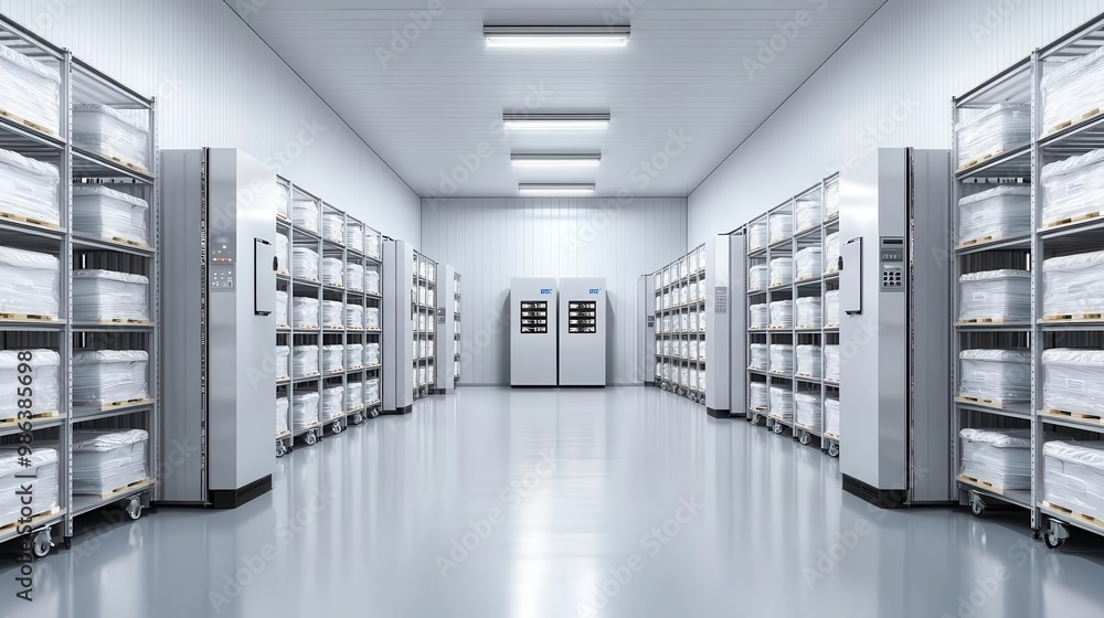 Industrial warehouse with cold storage units, automated system organizing frozen food supplies Industrial warehouse with cold storage units, automated system organizing frozen food supplies