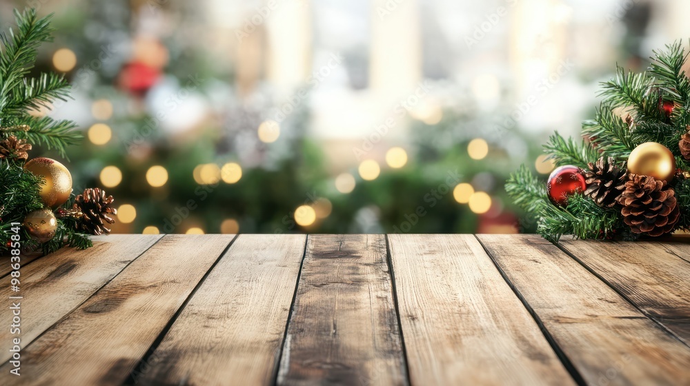 Empty wooden table with christmas theme in background transparent background Empty wooden table with christmas theme in background transparent background