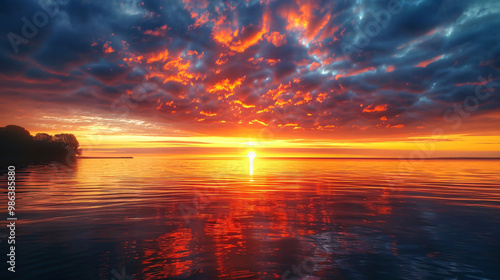 A beautiful sunset reflecting over various water bodies including the sea, river, and lake with vibrant colors in the sky