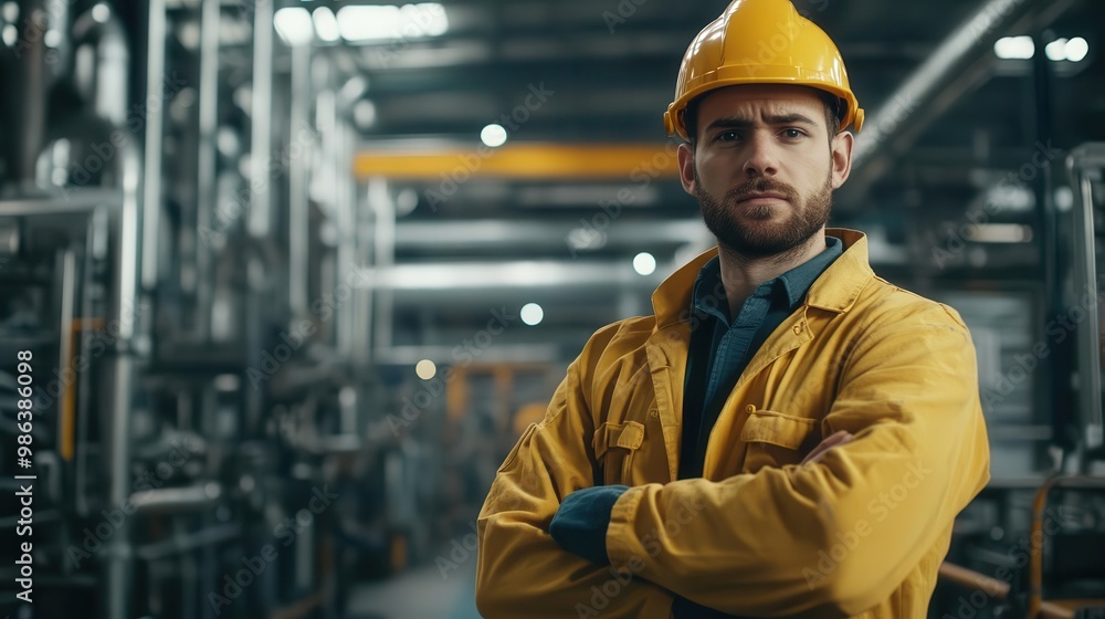 confident male factory worker in protective gear standing proudly in industrial setting machinery and production lines visible in background strong lighting emphasizes determination and skill confident male factory worker in protective gear standing proudly in industrial setting machinery and production lines visible in background strong lighting emphasizes determination and skill