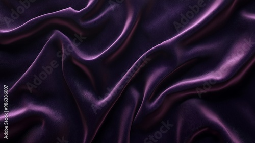 Smooth, luxurious purple satin fabric is flowing and forming elegant waves, creating a sense of movement and texture. The rich color and sheen of the fabric add to the overall luxurious feel