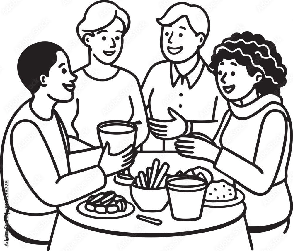 Eating with their family at the kitchen table concept line art drawing with a white background. Eating with their family at the kitchen table concept line art drawing with a white background.