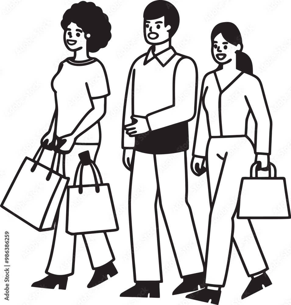 Stick figure man and woman holding shopping bags vector icon line art illustration with white background. Stick figure man and woman holding shopping bags vector icon line art illustration with white background.