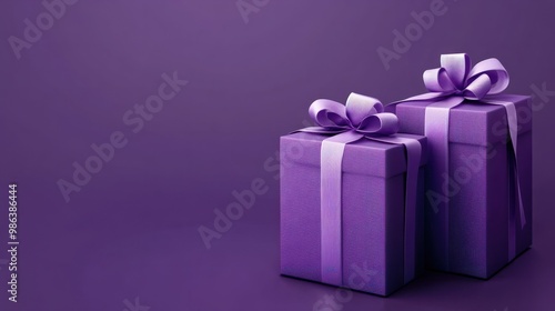 illustration of two purple gift boxes with bows and ribbons, isolated on purple background transparent background