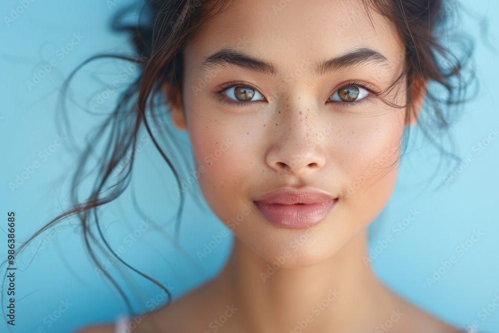 A woman with brown hair and green eyes is smiling at the camera A woman with brown hair and green eyes is smiling at the camera