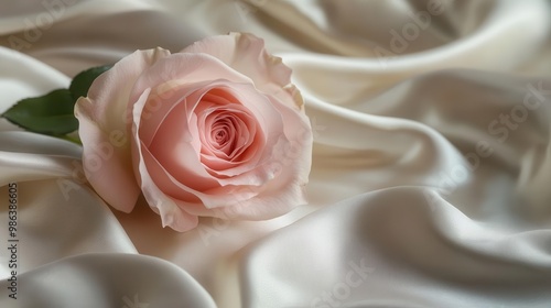 delicate pink rose resting on luxurious silk fabric with soft folds and gentle lighting