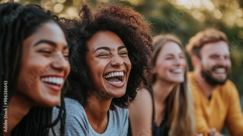 diverse group of friends sharing genuine laughter at an outdoor gathering candid moment of joy and connection in a sundappled natural setting