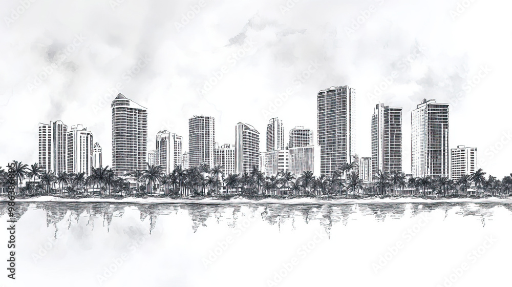 Obraz premium Pompano Beach, Florida, black and white pen pencil hand-drawn effect drawing illustration for travel poster, card, wallpaper, backdrop or banner. Modern, clear, artistic and simple