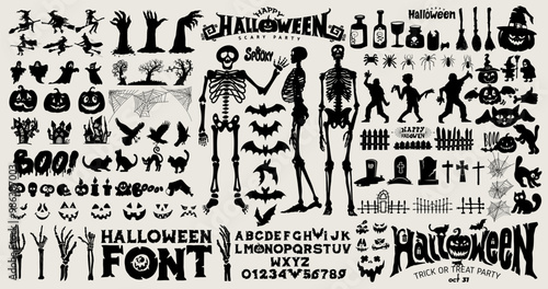Big Collection of Halloween vector black silhouettes. Hand draw haunted house, creepy tree, crow, skeleton, pumpkins, halloween ghost, flying witch, zombie, owl, tombstone fence, witch's broom, coffin