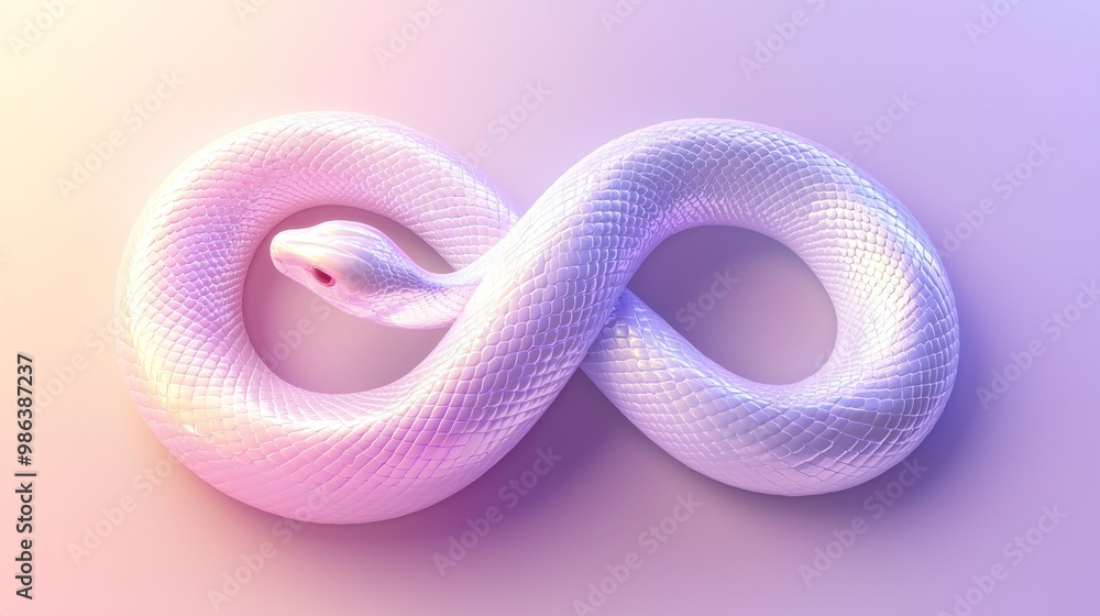 Fototapeta premium Holographic snake coils into an infinity symbol, shimmering against a gradient backdrop in pink, purple, and white. Its intricate patterns offer a fresh perspective on infinity
