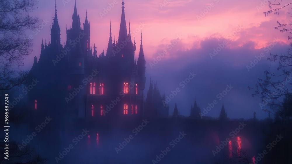 enchanted castle silhouette against twilight sky magical atmosphere with glowing windows misty surroundings fairytaleinspired architecture with intricate spires enchanted castle silhouette against twilight sky magical atmosphere with glowing windows misty surroundings fairytaleinspired architecture with intricate spires