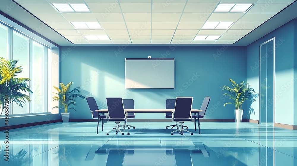 A modern conference room with a large table, chairs, and plants, designed for meetings and presentations. A modern conference room with a large table, chairs, and plants, designed for meetings and presentations.