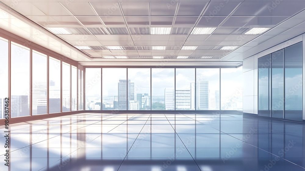 Fototapeta premium A spacious, modern office interior with large windows showcasing a city skyline.