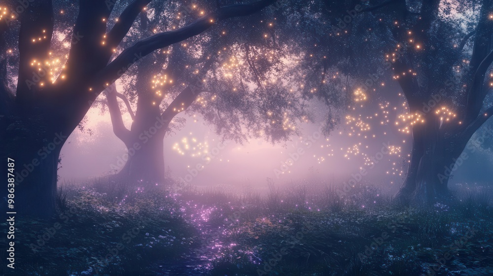 enchanted woodland glade at twilight misty air shimmering with fairy lights ethereal creatures peeking from behind ancient trees magical forest banner enchanted woodland glade at twilight misty air shimmering with fairy lights ethereal creatures peeking from behind ancient trees magical forest banner