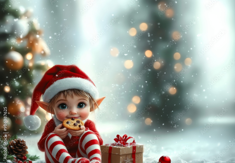 Adorable Christmas elf enjoying a cookie in winter scene Adorable Christmas elf enjoying a cookie in winter scene