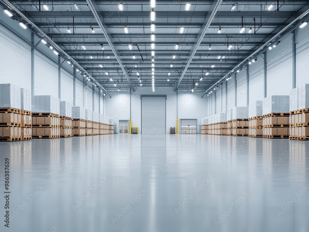 Obraz premium Large warehouse with automated refrigeration systems, cold storage for perishable goods, efficient layout