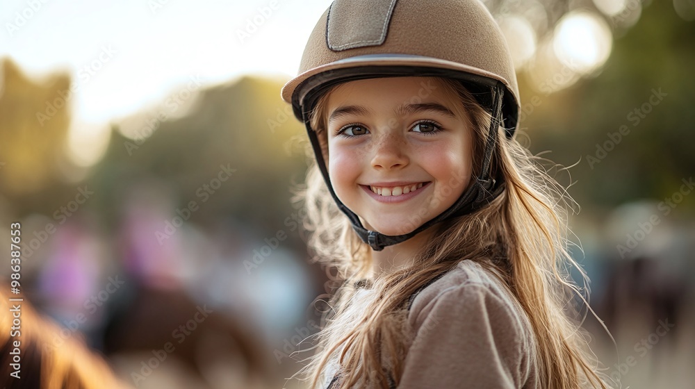 young girl at equitation lesson riding a horse wearing safety helmet and smiling at camera enjoying the outdoor fun of horse riding and learning equestrian sport in a joyful and safe environment young girl at equitation lesson riding a horse wearing safety helmet and smiling at camera enjoying the outdoor fun of horse riding and learning equestrian sport in a joyful and safe environment