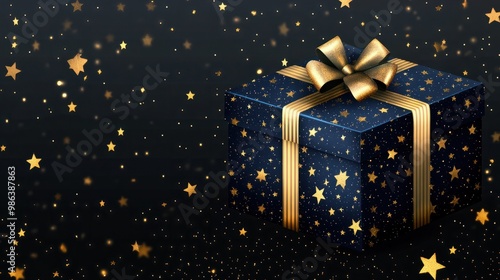 a blue gift box with gold stars on a dark background transparent background photo