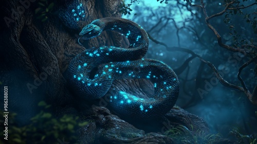 Magical snake with glowing blue spots is resting on a tree in a dark enchanted forest. The snake is illuminated by the moonlight and surrounded by a mystical atmosphere photo