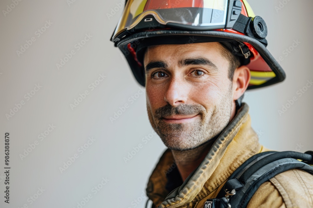 A firefighter with a yellow helmet and a red band around his neck A firefighter with a yellow helmet and a red band around his neck