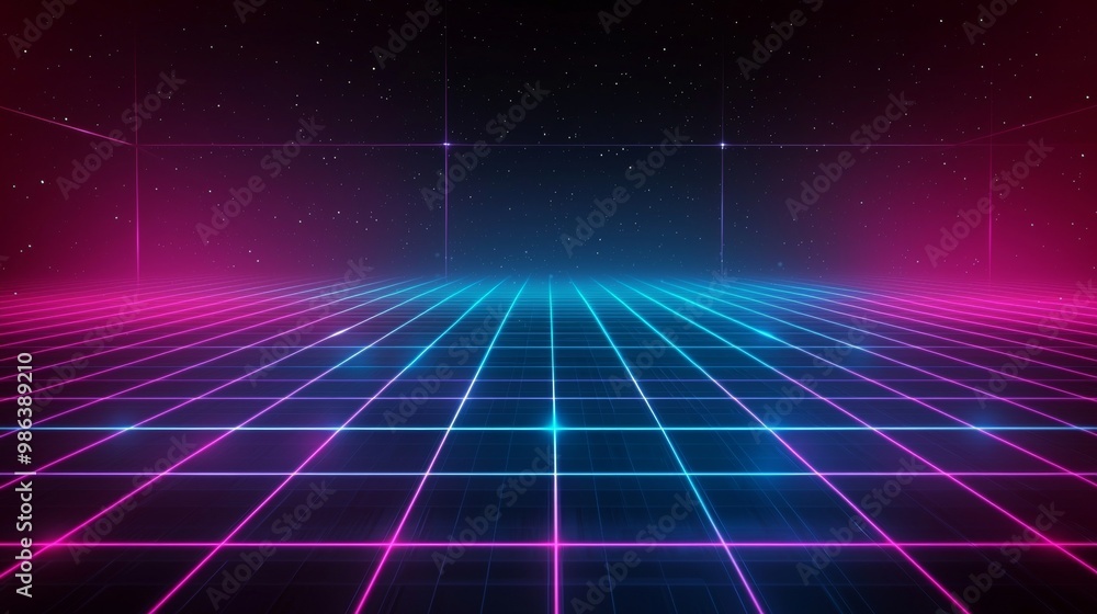 Mesmerizing futuristic landscape with neon grid lines glowing against a starry sky, blending blue, pink, and purple colors evoking 1980s nostalgia. Trendy and stylish for any project Mesmerizing futuristic landscape with neon grid lines glowing against a starry sky, blending blue, pink, and purple colors evoking 1980s nostalgia. Trendy and stylish for any project