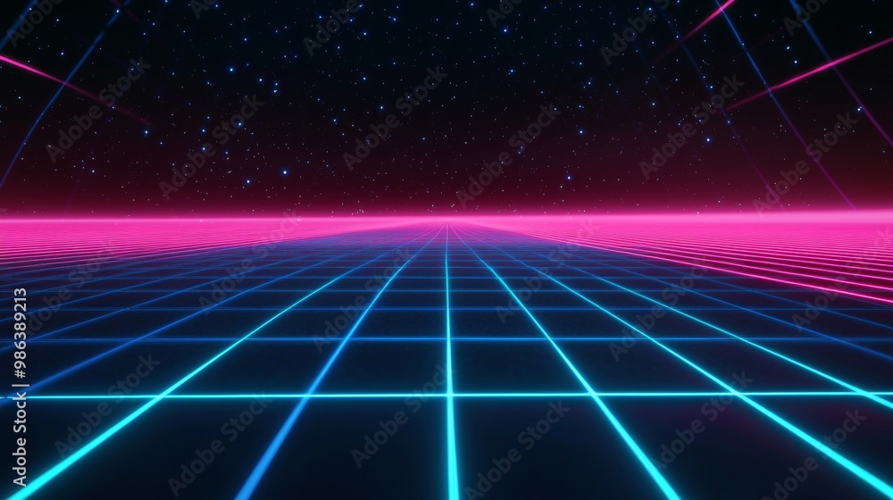 Retro neon grid in vibrant blue and pink hues stretches towards the horizon under a starry night sky, evoking a sense of futuristic travel and endless possibilities Retro neon grid in vibrant blue and pink hues stretches towards the horizon under a starry night sky, evoking a sense of futuristic travel and endless possibilities
