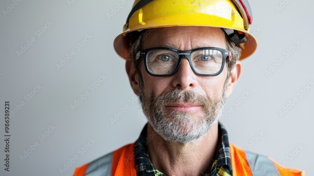 Fototapeta premium A man wearing a yellow hard hat and safety glasses