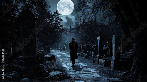 Shadowy figure walking through a graveyard under the moonlight photo