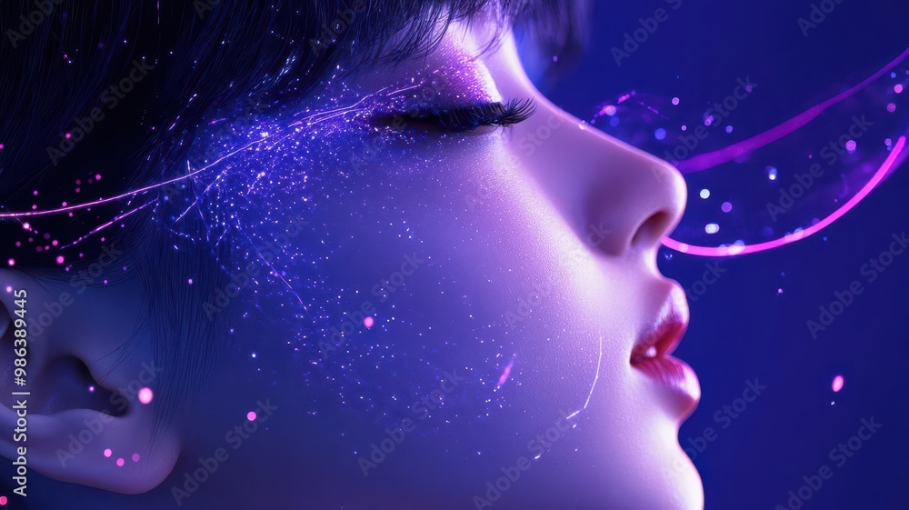 Close-up of a woman's face with glowing pink and purple lights. Close-up of a woman's face with glowing pink and purple lights.