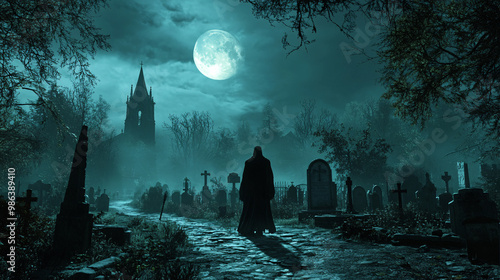 Shadowy figure walking through a graveyard under the moonlight photo