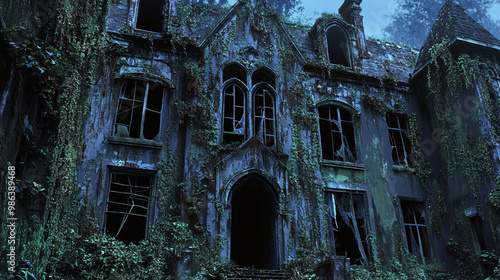 Haunted mansion with ivy-covered walls and broken windows photo