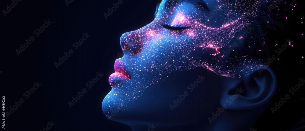 Closeup of a woman's face with glowing particles, blue and pink tones, dreamy and ethereal Closeup of a woman's face with glowing particles, blue and pink tones, dreamy and ethereal