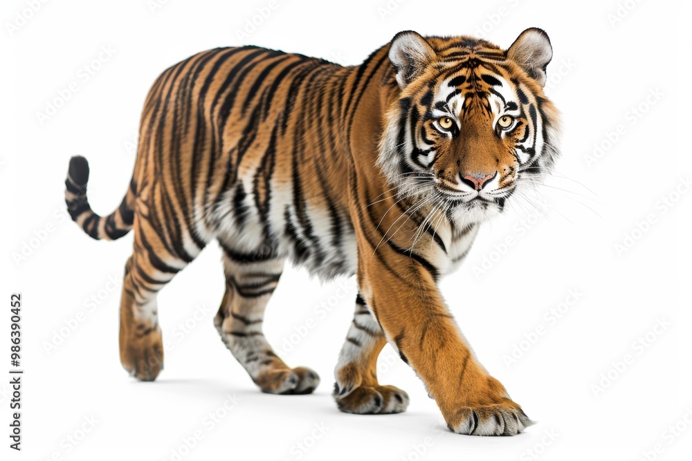 Fototapeta premium A tiger is walking on a white background