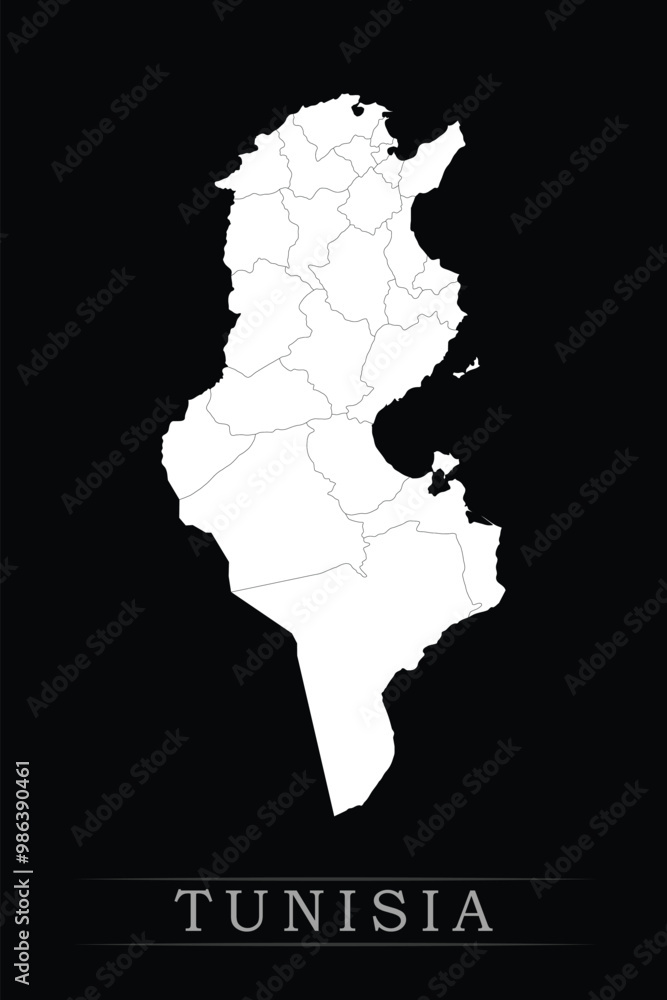 White political maps of Tunisia isolated on black background. White political maps of Tunisia isolated on black background.