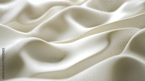 Gracefully flowing white silk fabric creates soft, abstract shapes, exuding luxury. Delicate texture forms wave-like pattern, adding sensuality