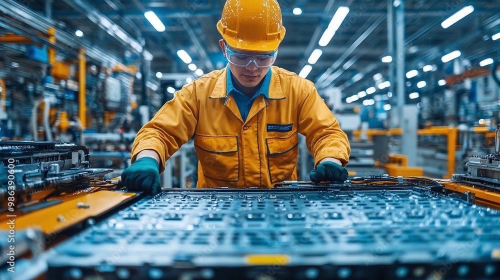 electric vehicle factory with chinese engineer working on ev battery module development focusing on manufacturing process assembly innovation and improving energy efficiency in car technology electric vehicle factory with chinese engineer working on ev battery module development focusing on manufacturing process assembly innovation and improving energy efficiency in car technology