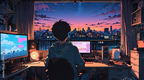 Boy Working at Desk with City View