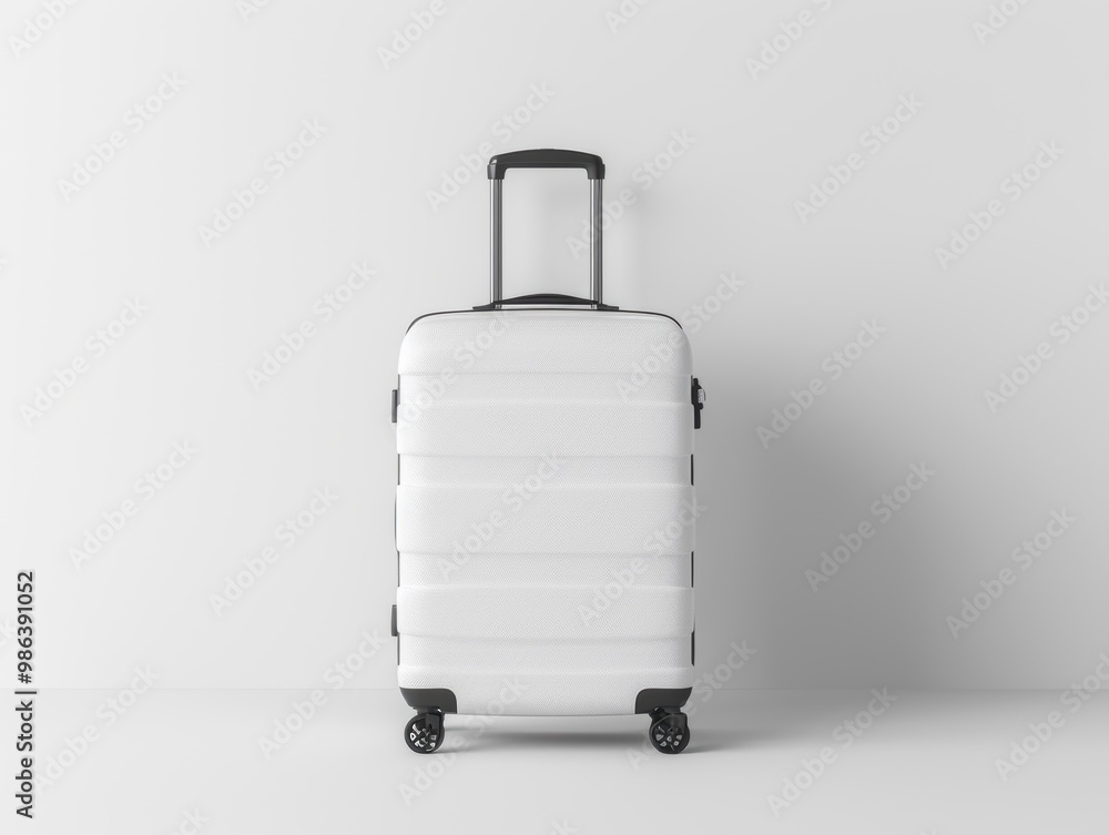 A white suitcase with black wheels sits on a white background A white suitcase with black wheels sits on a white background
