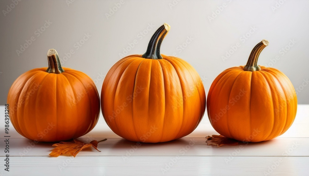 Three bright orange pumpkins on a white table, fall or Thanksgiving background, generative AI Three bright orange pumpkins on a white table, fall or Thanksgiving background, generative AI