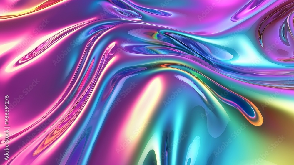 Fototapeta premium Experience a mesmerizing display of vibrant colors swirling and intertwining in a fluid motion, creating a hypnotic abstract background with liquid textures and metallic iridescence