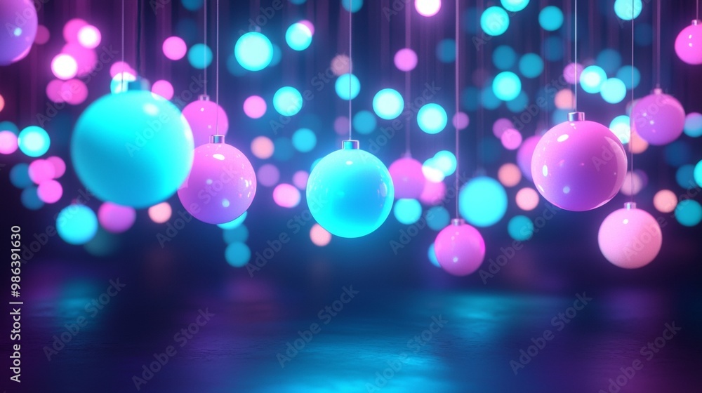 Pink and blue christmas ornaments glow under neon lights, reflecting a festive and modern atmosphere perfect for the holiday season. Ideal for greeting cards, banners, and festive designs Pink and blue christmas ornaments glow under neon lights, reflecting a festive and modern atmosphere perfect for the holiday season. Ideal for greeting cards, banners, and festive designs