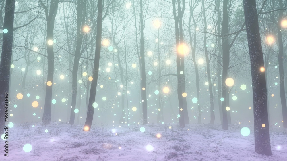Serene snowy forest with tall trees lit by pastel colors, creating a magical winter wonderland. The soft glow adds fantasy and romance, perfect for the holiday season Serene snowy forest with tall trees lit by pastel colors, creating a magical winter wonderland. The soft glow adds fantasy and romance, perfect for the holiday season