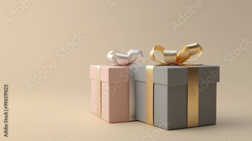 Two beautifully wrapped gift boxes in pink and gray with shiny ribbons and elegant bows, perfect for any special occasion, exuding love and elegance