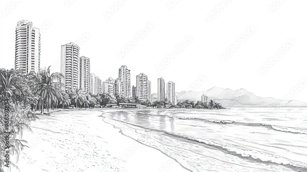 Fototapeta premium Puntarenas, Costa, black and white pen pencil hand-drawn effect drawing illustration for travel poster, card, wallpaper, backdrop or banner. Modern, clear, artistic and simple