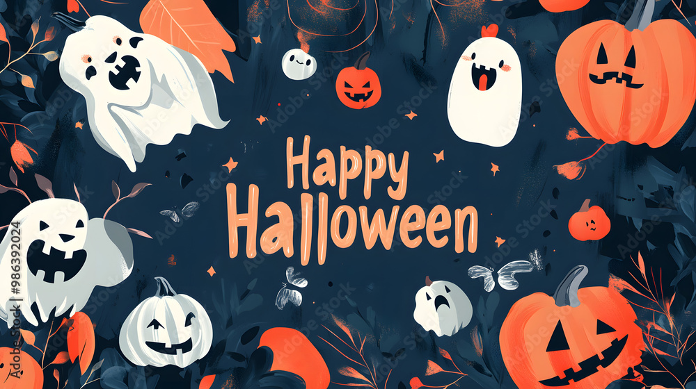 Happy Halloween illustration, simple background with pumpkins and ghosts Happy Halloween illustration, simple background with pumpkins and ghosts