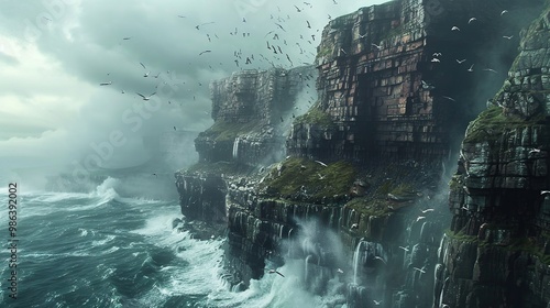 A dramatic cliffside overlooking a turbulent ocean, with waves crashing against the rocks and seabirds soaring above in the salty air